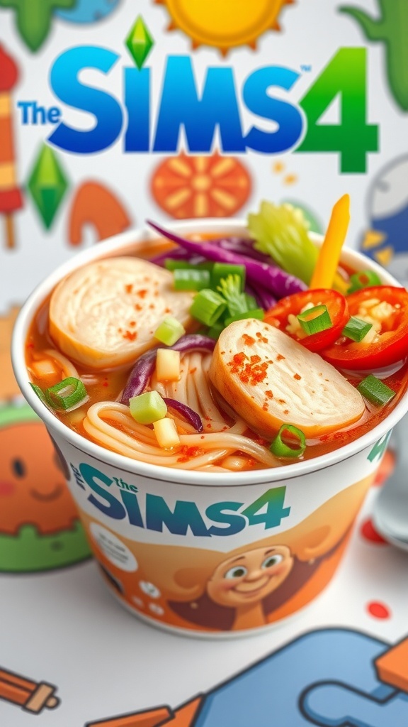 The Sims 4 Cup Noodles Recipe A bowl of cup noodles with vegetables and protein, garnished with green onions and chili flakes.